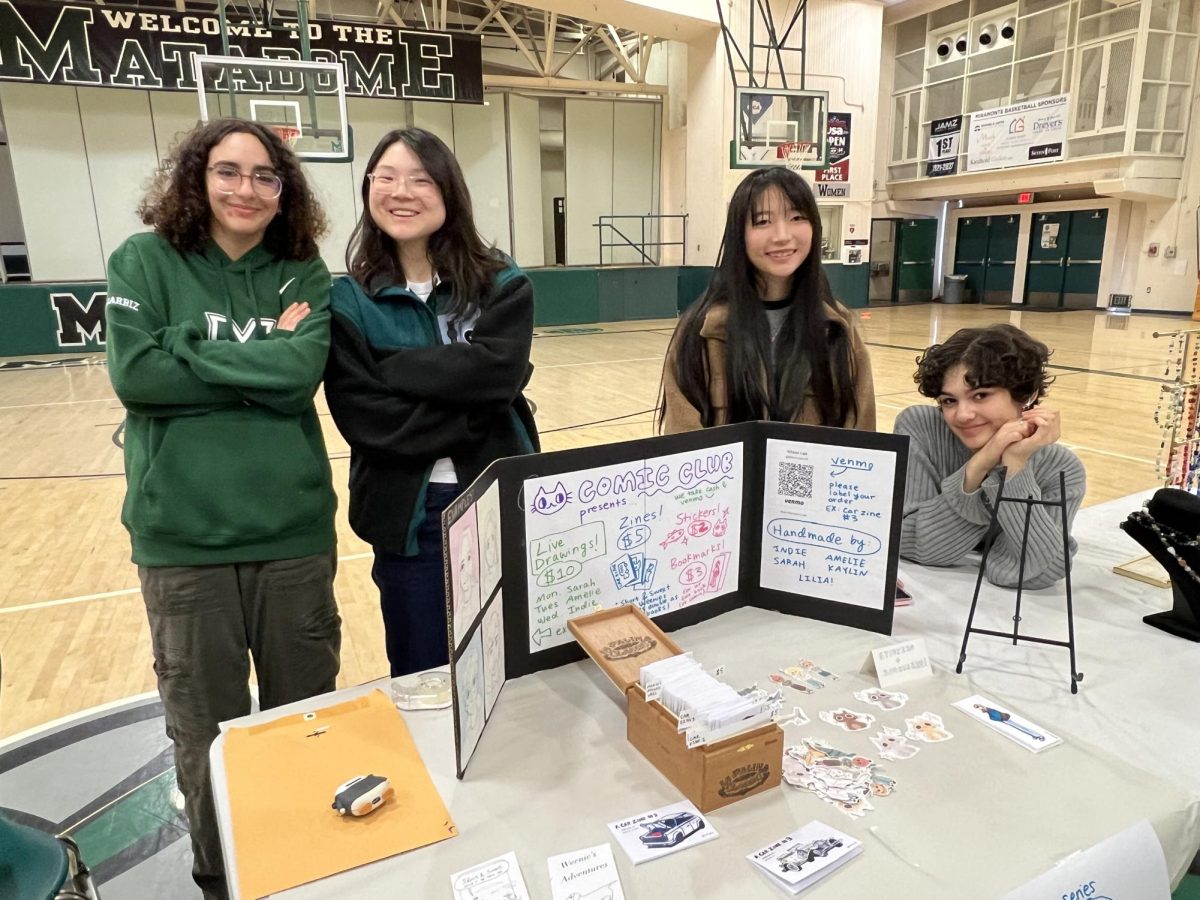 (From left to right) Comic Club sellers Lilia Maharbiz and Amelie Lo, jewelry vendors Kaylin Chang and Josephine Ginsburg. 